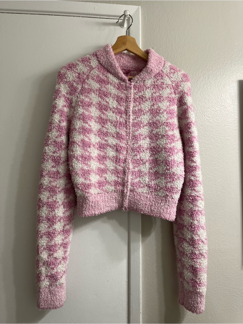 SKIMS Pink & Cream Houndstooth Plush Zip Hoodie